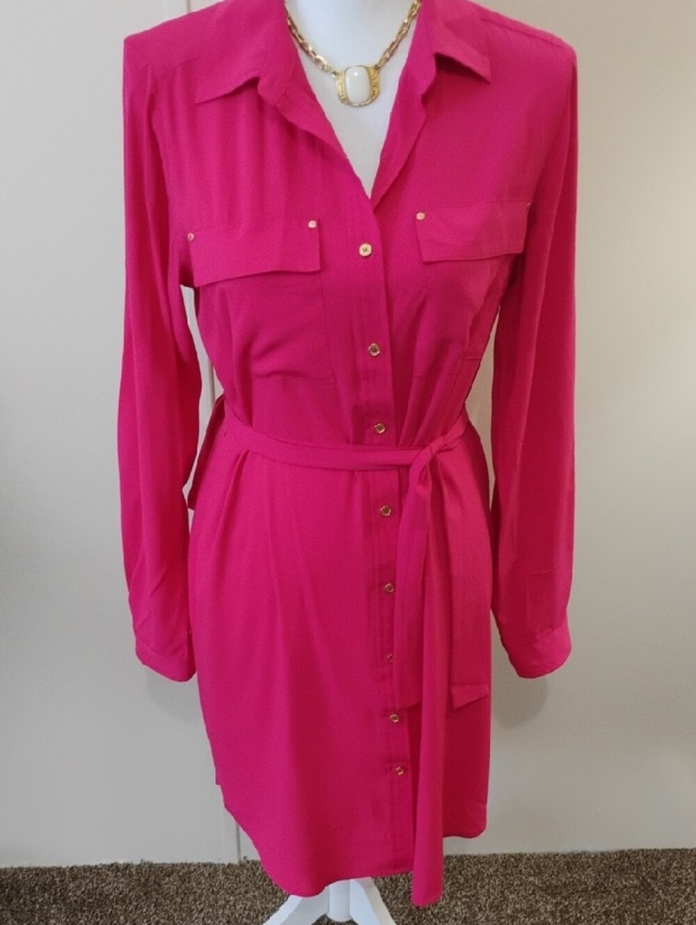 Calvin Klein Hot Pink Button-Front Midi Shirt Dress - Picture 6 of 7